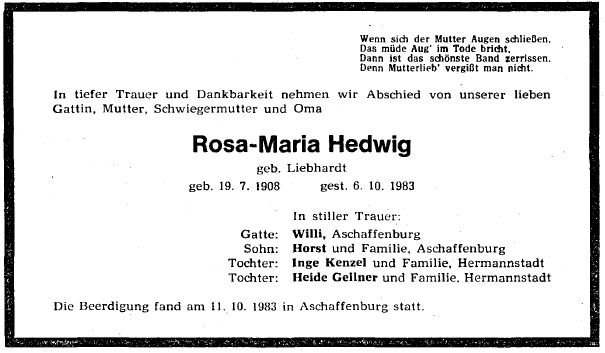 Liebhardt Rosa 1908-1983 Todesanzeige